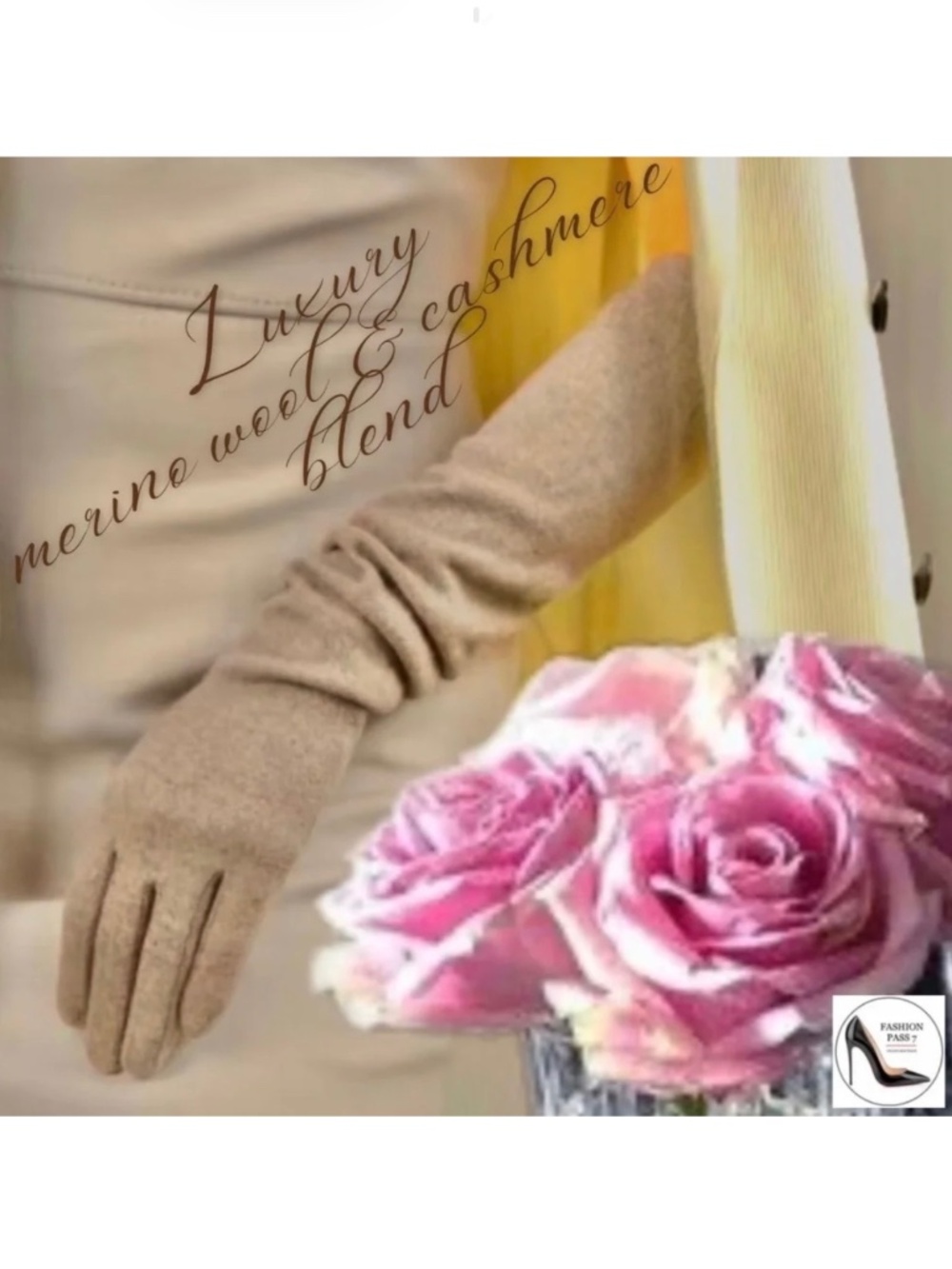 Luxury Cashmere Merino Wool Long Gloves Classic Beige Winter Warm glove 20” long